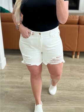 Judy Blue White Distressed High-Rise Denim Shorts